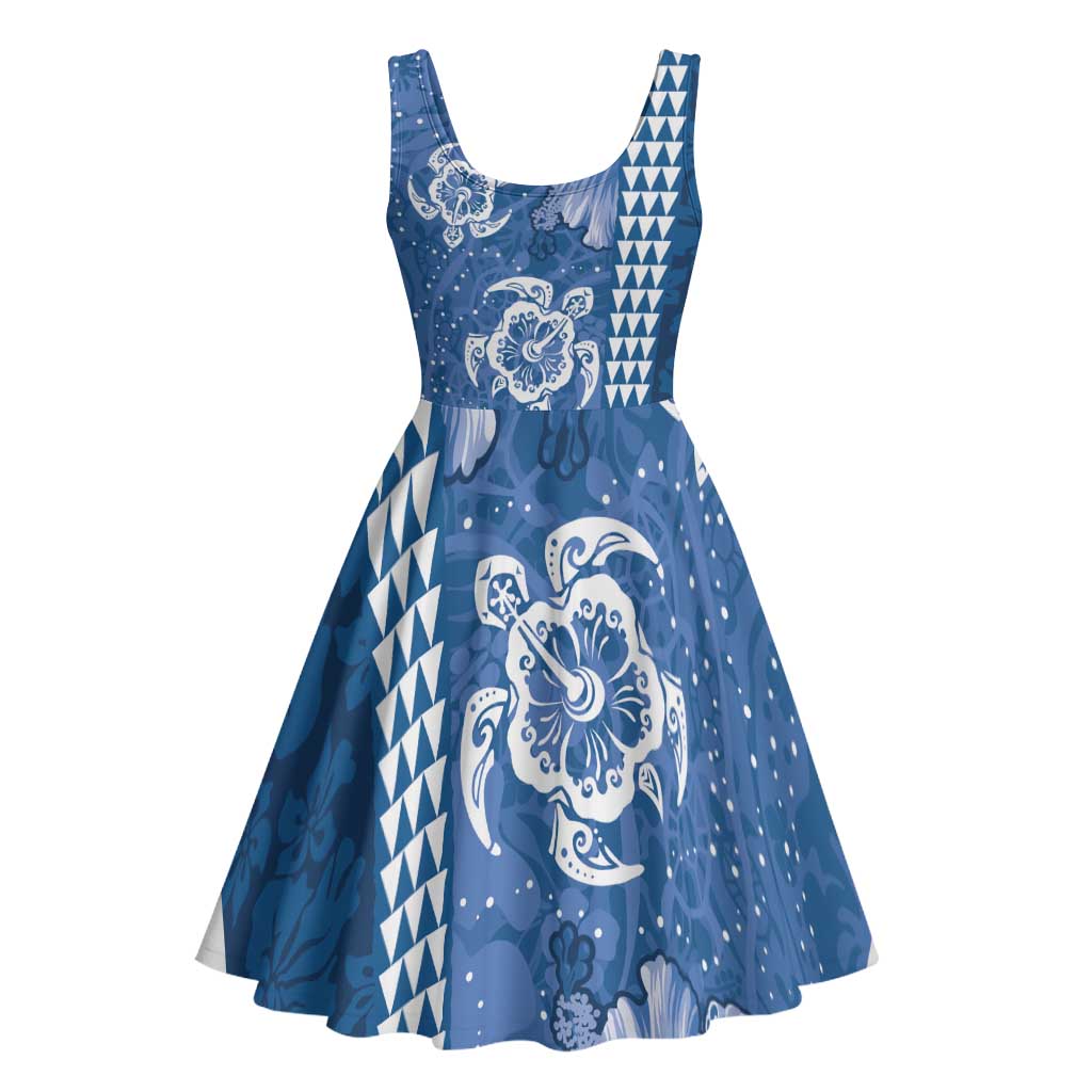 Blue Hibiscus Turle Midi Dress Hawaiian Style Tribal Tapa Pattern - Polynesian Pride