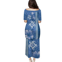 Blue Hibiscus Turle Puletasi Hawaiian Style Tribal Tapa Pattern LT9 - Polynesian Pride