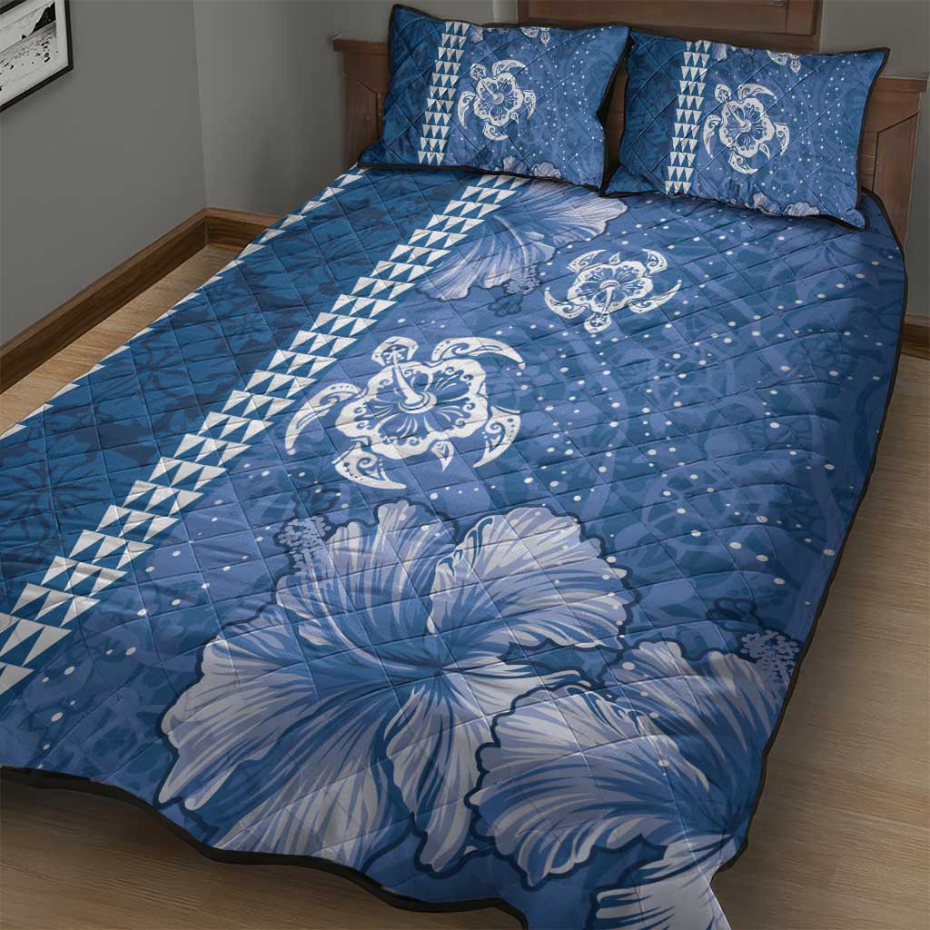 Blue Hibiscus Turle Quilt Bed Set Hawaiian Style Tribal Tapa Pattern LT9 - Polynesian Pride