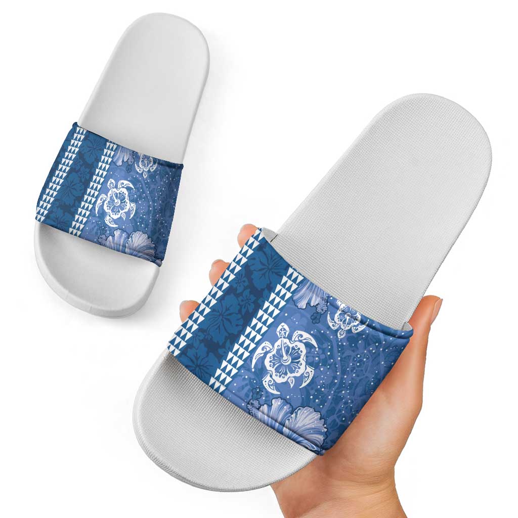 Blue Hibiscus Turle Slide Sandals Hawaiian Style Tribal Tapa Pattern - Polynesian Pride