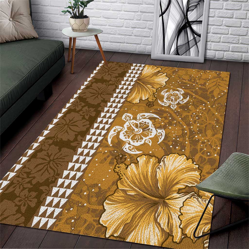 Gold Hibiscus Turle Area Rug Hawaiian Style Tribal Tapa Pattern LT9 Gold - Polynesian Pride