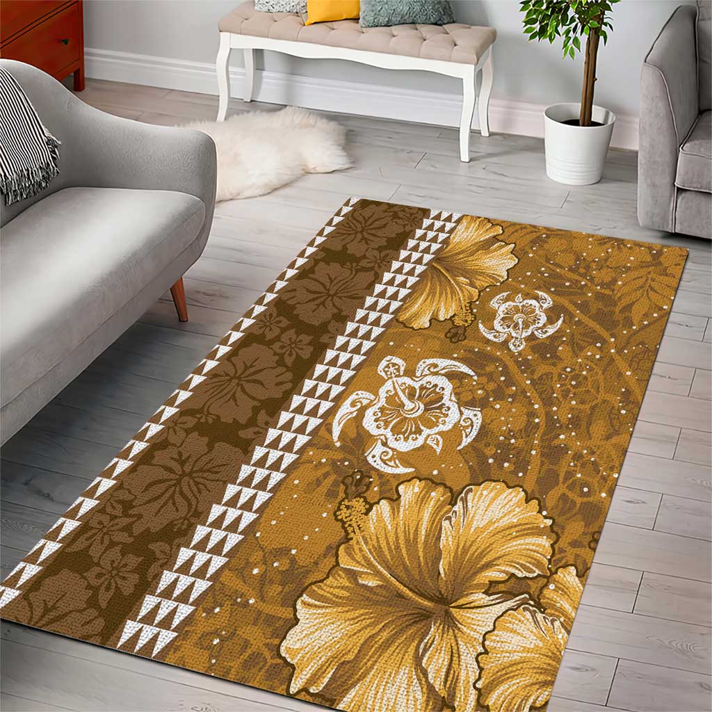 Gold Hibiscus Turle Area Rug Hawaiian Style Tribal Tapa Pattern LT9 - Polynesian Pride