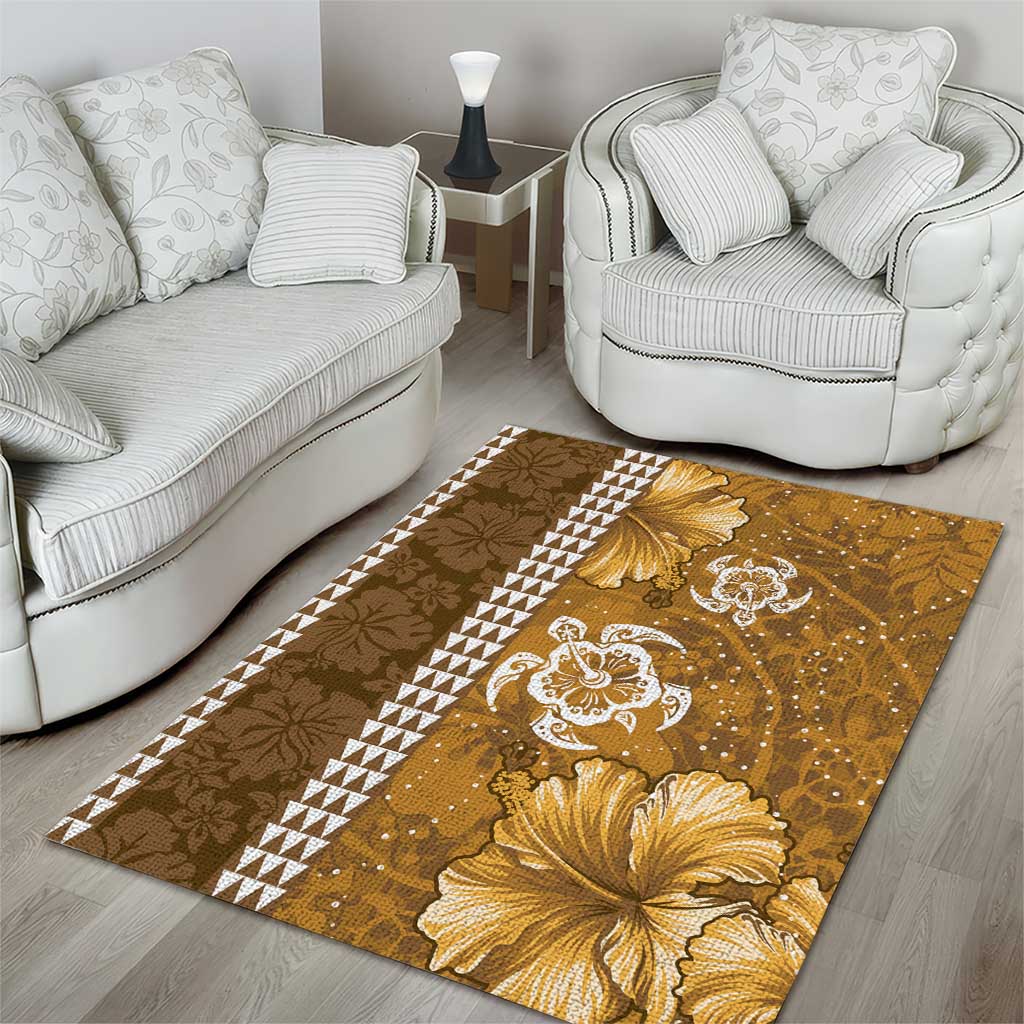 Gold Hibiscus Turle Area Rug Hawaiian Style Tribal Tapa Pattern LT9 - Polynesian Pride