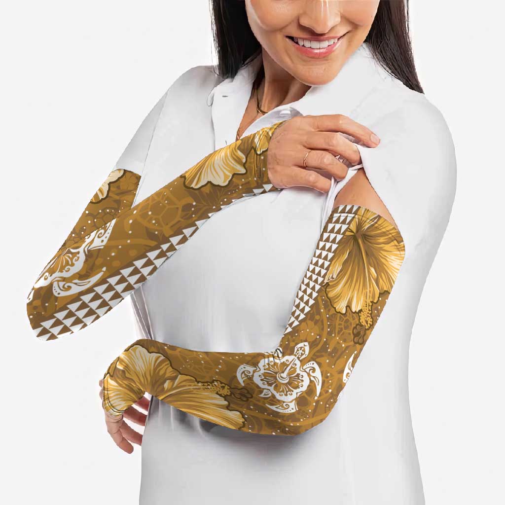 Gold Hibiscus Turle Arm Sleeves Hawaiian Style Tribal Tapa Pattern - Polynesian Pride