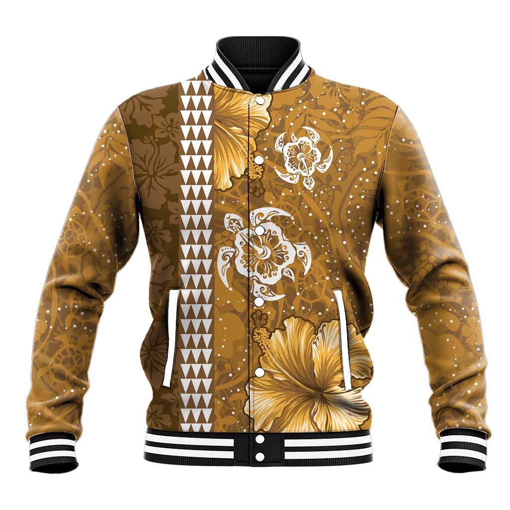 Gold Hibiscus Turle Baseball Jacket Hawaiian Style Tribal Tapa Pattern