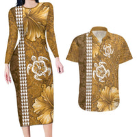 Gold Hibiscus Turle Couples Matching Long Sleeve Bodycon Dress and Hawaiian Shirt Hawaiian Style Tribal Tapa Pattern LT9 Gold - Polynesian Pride