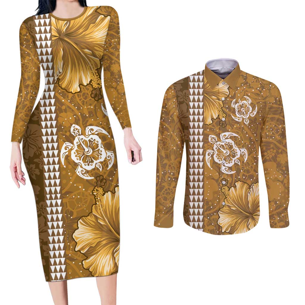Gold Hibiscus Turle Couples Matching Long Sleeve Bodycon Dress and Long Sleeve Button Shirt Hawaiian Style Tribal Tapa Pattern LT9 Gold - Polynesian Pride