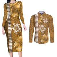 Gold Hibiscus Turle Couples Matching Long Sleeve Bodycon Dress and Long Sleeve Button Shirt Hawaiian Style Tribal Tapa Pattern LT9 Gold - Polynesian Pride