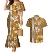 Gold Hibiscus Turle Couples Matching Mermaid Dress and Hawaiian Shirt Hawaiian Style Tribal Tapa Pattern LT9 Gold - Polynesian Pride