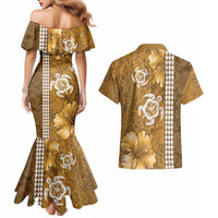 Gold Hibiscus Turle Couples Matching Mermaid Dress and Hawaiian Shirt Hawaiian Style Tribal Tapa Pattern LT9 - Polynesian Pride
