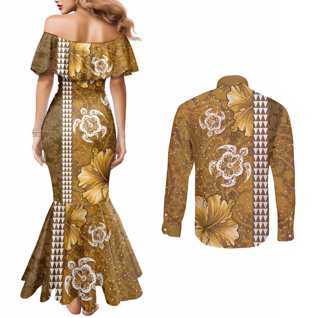 Gold Hibiscus Turle Couples Matching Mermaid Dress and Long Sleeve Button Shirt Hawaiian Style Tribal Tapa Pattern LT9 - Polynesian Pride