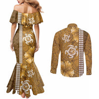 Gold Hibiscus Turle Couples Matching Mermaid Dress and Long Sleeve Button Shirt Hawaiian Style Tribal Tapa Pattern LT9 - Polynesian Pride