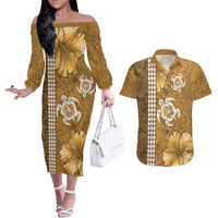 Gold Hibiscus Turle Couples Matching Off The Shoulder Long Sleeve Dress and Hawaiian Shirt Hawaiian Style Tribal Tapa Pattern LT9 Gold - Polynesian Pride