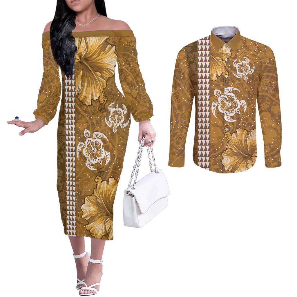Gold Hibiscus Turle Couples Matching Off The Shoulder Long Sleeve Dress and Long Sleeve Button Shirt Hawaiian Style Tribal Tapa Pattern LT9 Gold - Polynesian Pride