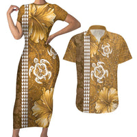 Gold Hibiscus Turle Couples Matching Short Sleeve Bodycon Dress and Hawaiian Shirt Hawaiian Style Tribal Tapa Pattern LT9 Gold - Polynesian Pride