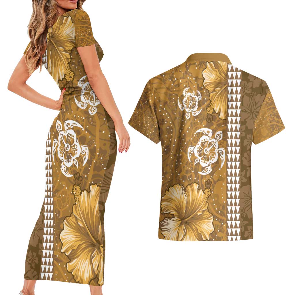 Gold Hibiscus Turle Couples Matching Short Sleeve Bodycon Dress and Hawaiian Shirt Hawaiian Style Tribal Tapa Pattern LT9 - Polynesian Pride