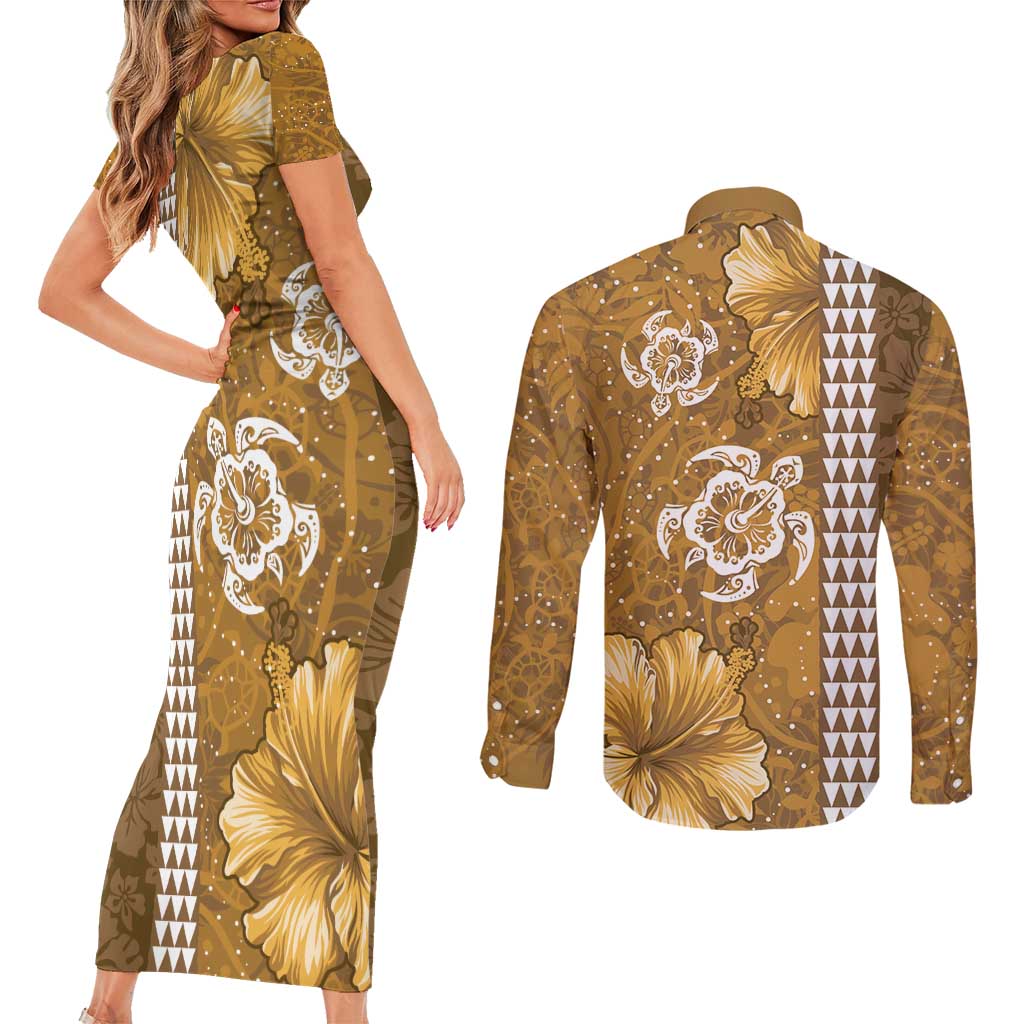Gold Hibiscus Turle Couples Matching Short Sleeve Bodycon Dress and Long Sleeve Button Shirt Hawaiian Style Tribal Tapa Pattern LT9 - Polynesian Pride