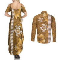 Gold Hibiscus Turle Couples Matching Summer Maxi Dress and Long Sleeve Button Shirt Hawaiian Style Tribal Tapa Pattern
