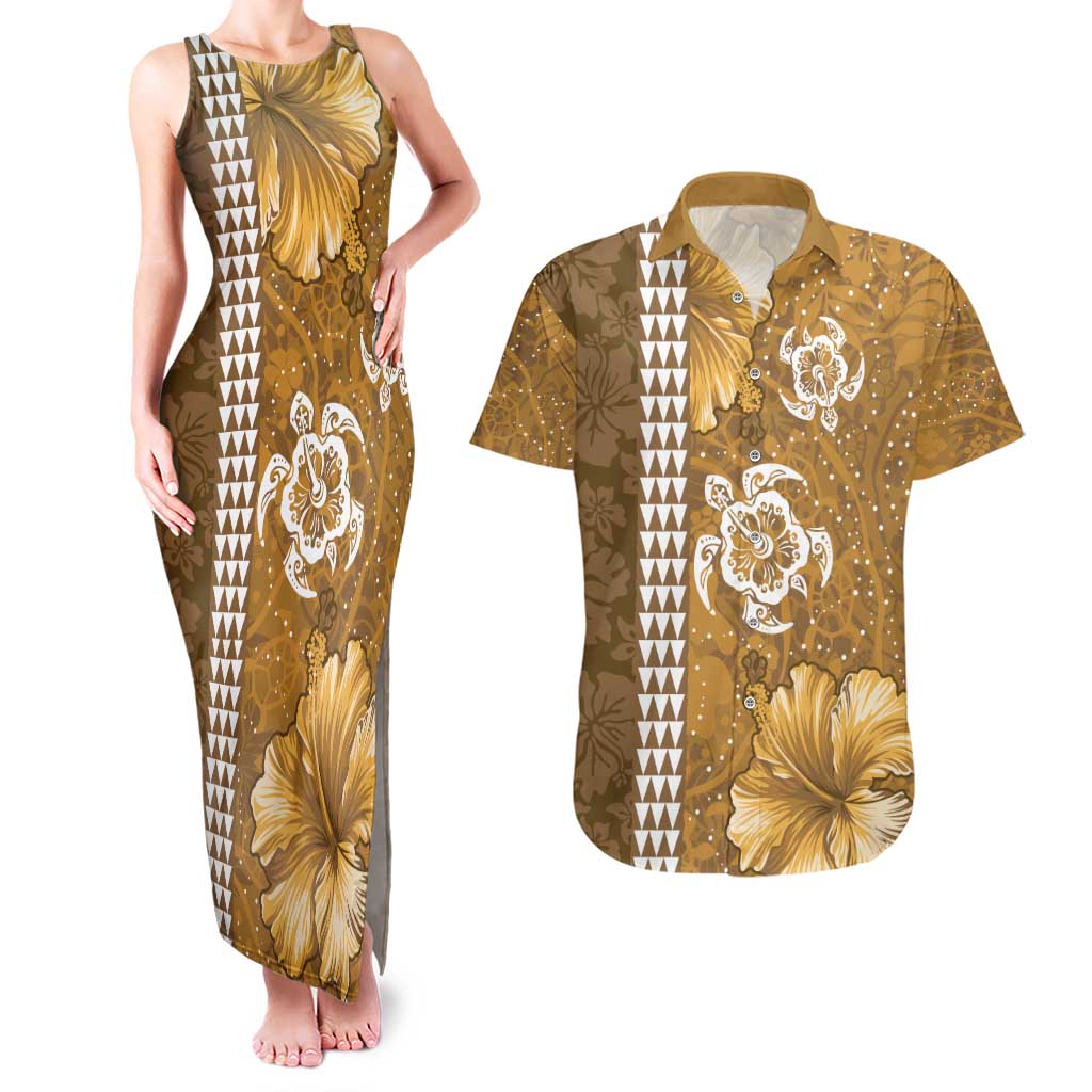 Gold Hibiscus Turle Couples Matching Tank Maxi Dress and Hawaiian Shirt Hawaiian Style Tribal Tapa Pattern LT9 Gold - Polynesian Pride