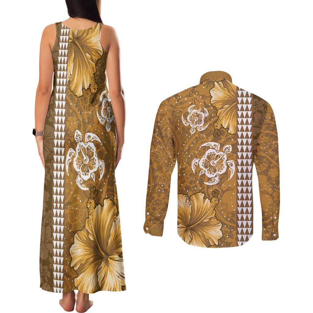 Gold Hibiscus Turle Couples Matching Tank Maxi Dress and Long Sleeve Button Shirt Hawaiian Style Tribal Tapa Pattern LT9 - Polynesian Pride