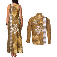 Gold Hibiscus Turle Couples Matching Tank Maxi Dress and Long Sleeve Button Shirt Hawaiian Style Tribal Tapa Pattern LT9 - Polynesian Pride