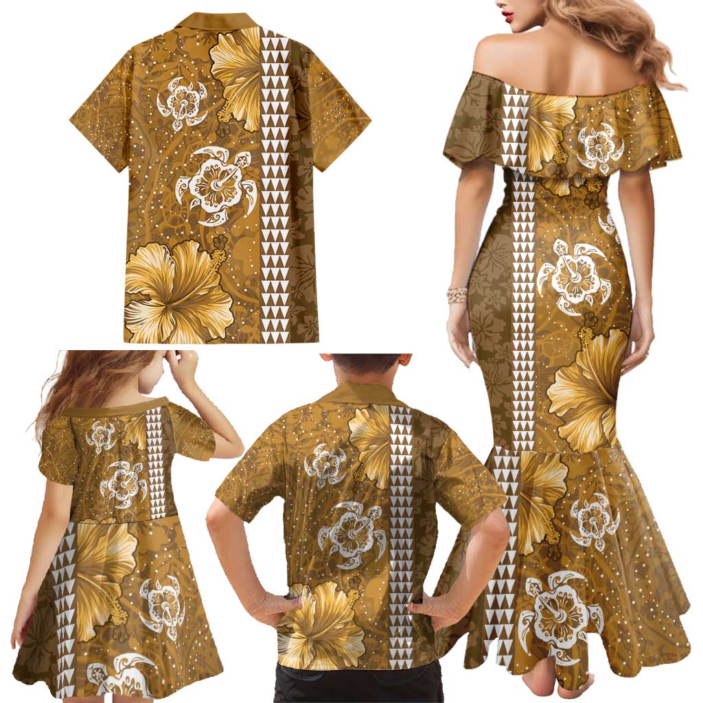 Gold Hibiscus Turle Family Matching Mermaid Dress and Hawaiian Shirt Hawaiian Style Tribal Tapa Pattern LT9 - Polynesian Pride