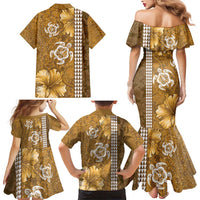 Gold Hibiscus Turle Family Matching Mermaid Dress and Hawaiian Shirt Hawaiian Style Tribal Tapa Pattern LT9 - Polynesian Pride