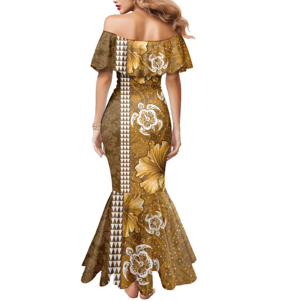 Gold Hibiscus Turle Family Matching Mermaid Dress and Hawaiian Shirt Hawaiian Style Tribal Tapa Pattern LT9 - Polynesian Pride