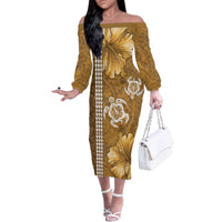 Gold Hibiscus Turle Family Matching Off The Shoulder Long Sleeve Dress and Hawaiian Shirt Hawaiian Style Tribal Tapa Pattern LT9 Mom's Dress Gold - Polynesian Pride