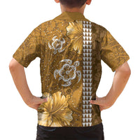 Gold Hibiscus Turle Family Matching Off Shoulder Maxi Dress and Hawaiian Shirt Hawaiian Style Tribal Tapa Pattern LT9 - Polynesian Pride