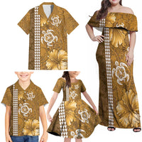 Gold Hibiscus Turle Family Matching Off Shoulder Maxi Dress and Hawaiian Shirt Hawaiian Style Tribal Tapa Pattern LT9 - Polynesian Pride