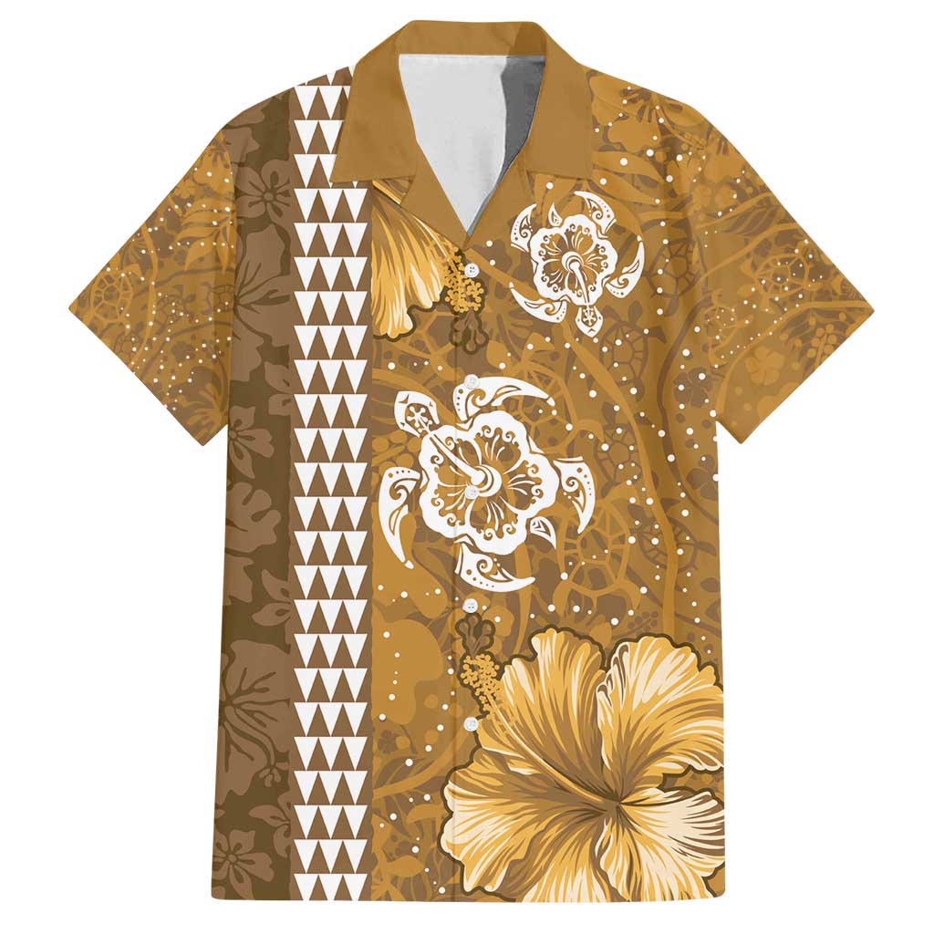 Gold Hibiscus Turle Family Matching Off Shoulder Maxi Dress and Hawaiian Shirt Hawaiian Style Tribal Tapa Pattern LT9 Dad's Shirt - Short Sleeve Gold - Polynesian Pride