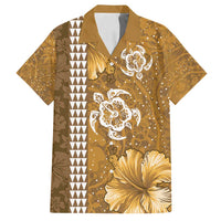 Gold Hibiscus Turle Family Matching Off Shoulder Maxi Dress and Hawaiian Shirt Hawaiian Style Tribal Tapa Pattern LT9 Dad's Shirt - Short Sleeve Gold - Polynesian Pride
