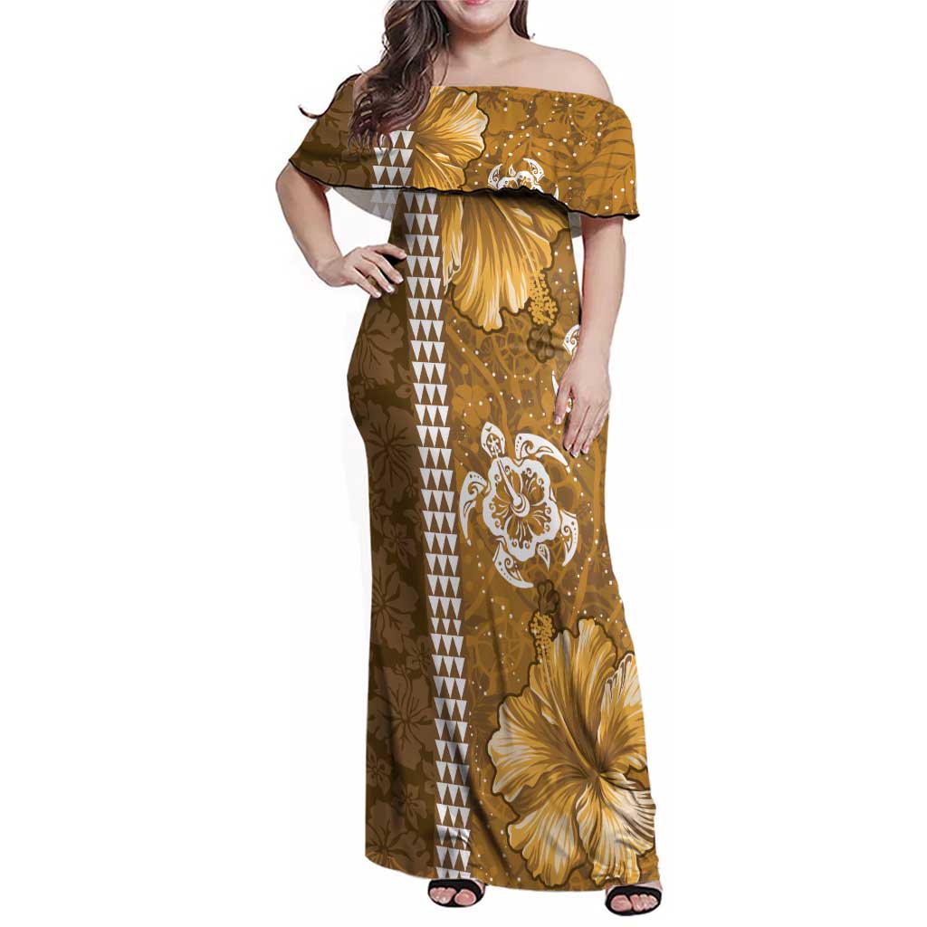 Gold Hibiscus Turle Family Matching Off Shoulder Maxi Dress and Hawaiian Shirt Hawaiian Style Tribal Tapa Pattern LT9 Mom's Dress Gold - Polynesian Pride