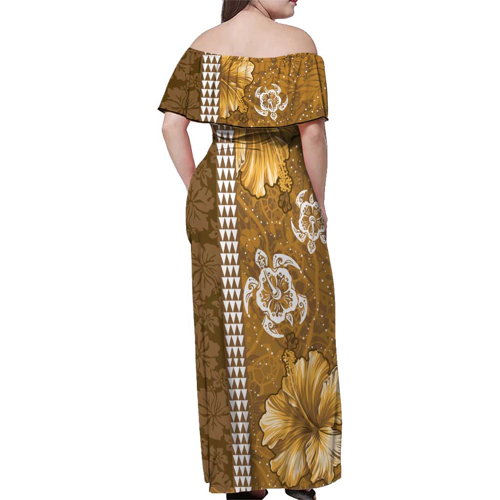 Gold Hibiscus Turle Family Matching Off Shoulder Maxi Dress and Hawaiian Shirt Hawaiian Style Tribal Tapa Pattern LT9 - Polynesian Pride