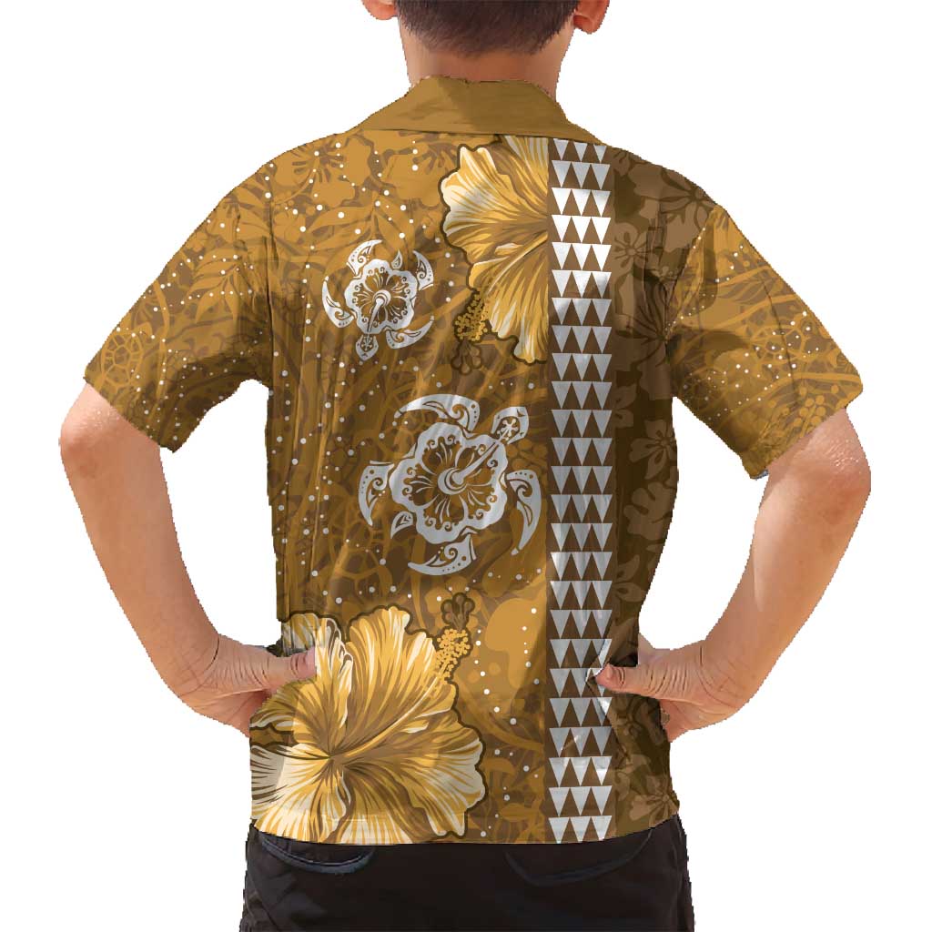 Gold Hibiscus Turle Family Matching Off Shoulder Short Dress and Hawaiian Shirt Hawaiian Style Tribal Tapa Pattern LT9 - Polynesian Pride