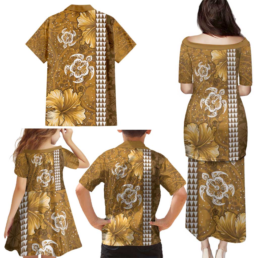 Gold Hibiscus Turle Family Matching Puletasi and Hawaiian Shirt Hawaiian Style Tribal Tapa Pattern LT9 - Polynesian Pride
