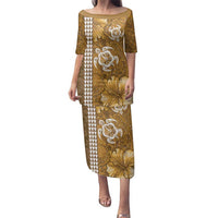 Gold Hibiscus Turle Family Matching Puletasi and Hawaiian Shirt Hawaiian Style Tribal Tapa Pattern LT9 Mom's Dress Gold - Polynesian Pride