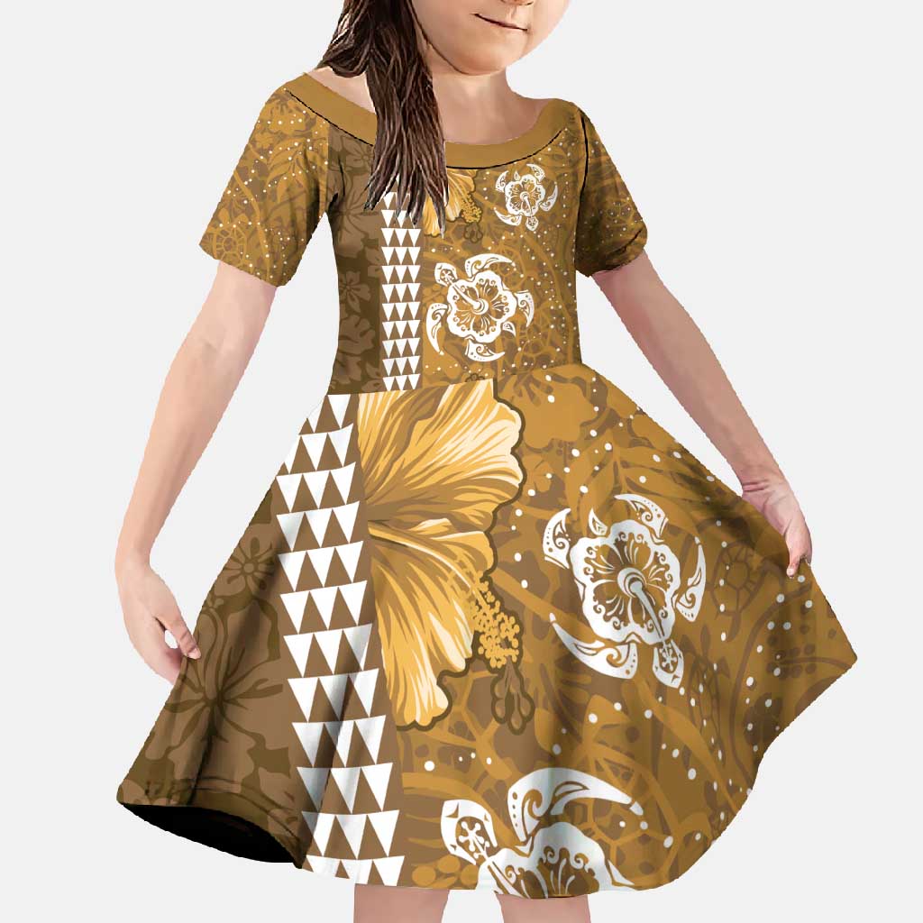Gold Hibiscus Turle Family Matching Summer Maxi Dress and Hawaiian Shirt Hawaiian Style Tribal Tapa Pattern LT9 Daughter's Dress Gold - Polynesian Pride