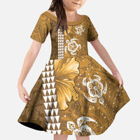 Gold Hibiscus Turle Family Matching Summer Maxi Dress and Hawaiian Shirt Hawaiian Style Tribal Tapa Pattern LT9 Daughter's Dress Gold - Polynesian Pride