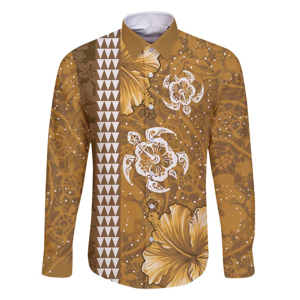 Gold Hibiscus Turle Family Matching Summer Maxi Dress and Hawaiian Shirt Hawaiian Style Tribal Tapa Pattern LT9 Dad's Shirt - Long Sleeve Gold - Polynesian Pride
