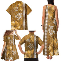 Gold Hibiscus Turle Family Matching Tank Maxi Dress and Hawaiian Shirt Hawaiian Style Tribal Tapa Pattern LT9 - Polynesian Pride