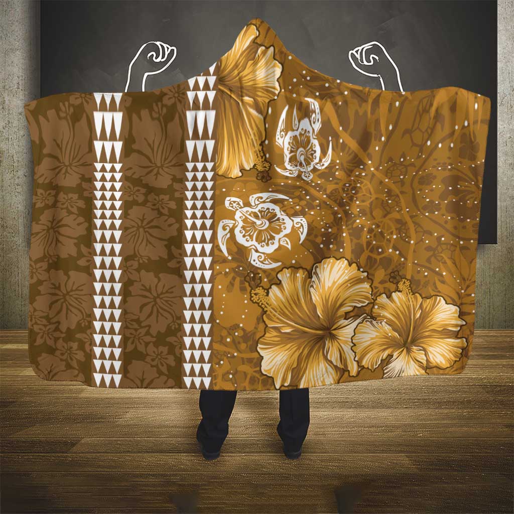 Gold Hibiscus Turle Hooded Blanket Hawaiian Style Tribal Tapa Pattern