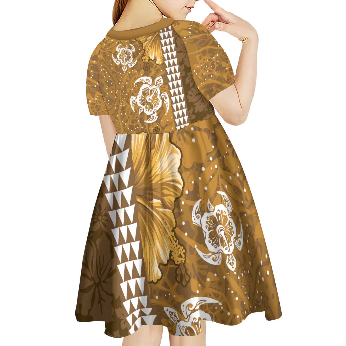 Gold Hibiscus Turle Kid Short Sleeve Dress Hawaiian Style Tribal Tapa Pattern