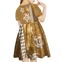 Gold Hibiscus Turle Kid Short Sleeve Dress Hawaiian Style Tribal Tapa Pattern
