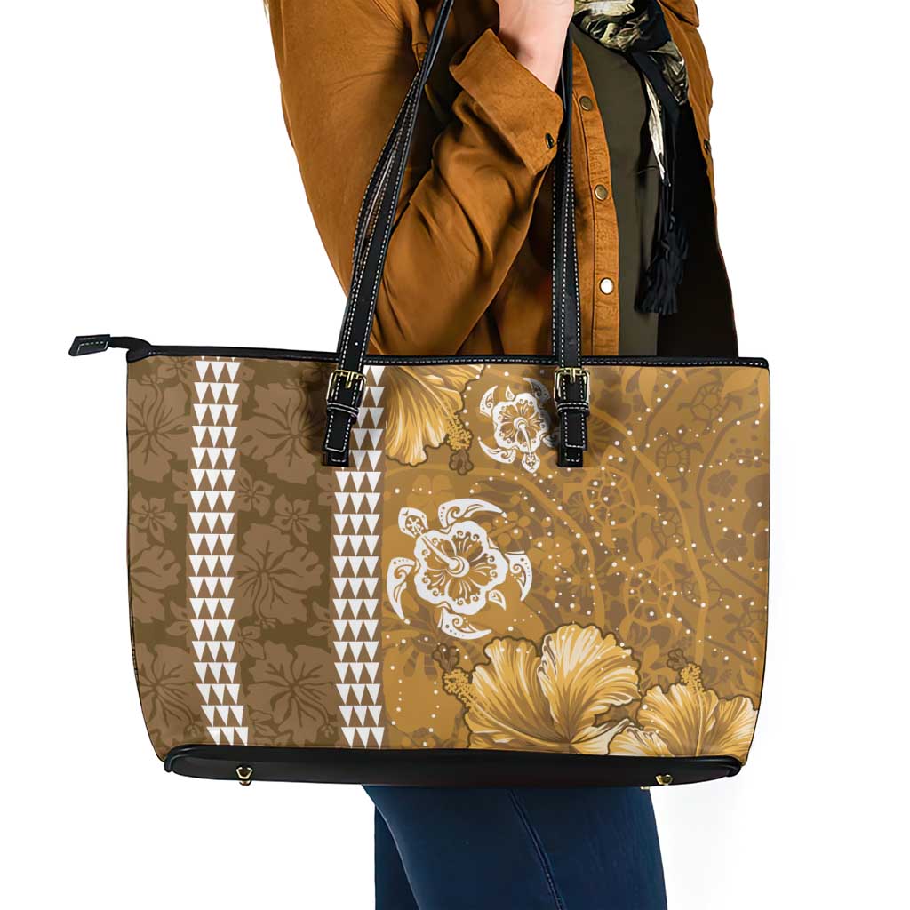 Gold Hibiscus Turle Leather Tote Bag Hawaiian Style Tribal Tapa Pattern