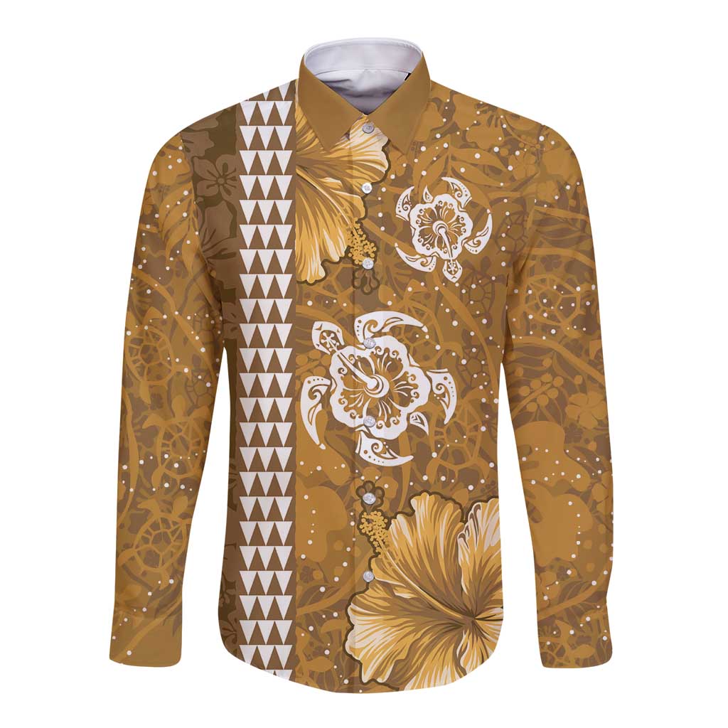 Gold Hibiscus Turle Long Sleeve Button Shirt Hawaiian Style Tribal Tapa Pattern