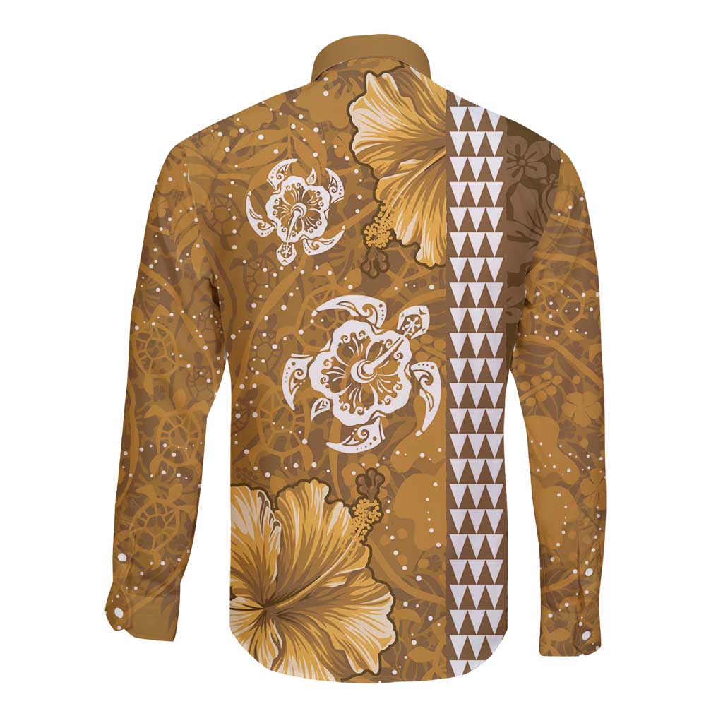 Gold Hibiscus Turle Long Sleeve Button Shirt Hawaiian Style Tribal Tapa Pattern