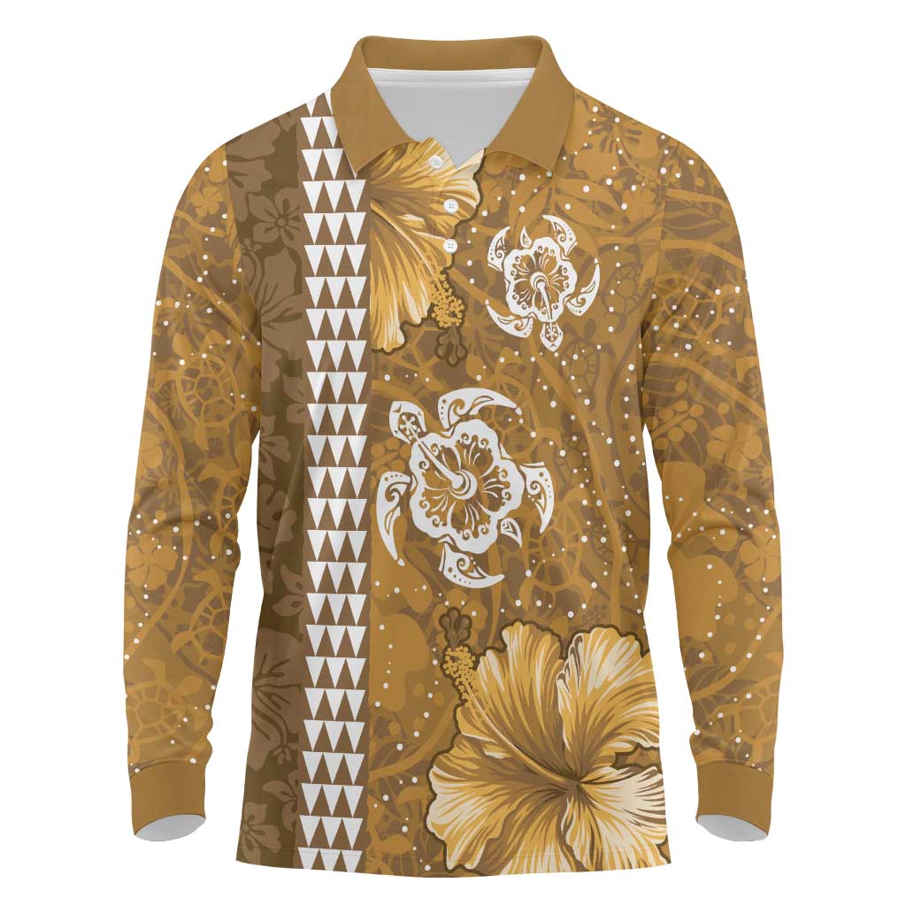 Gold Hibiscus Turle Long Sleeve Polo Shirt Hawaiian Style Tribal Tapa Pattern LT9 Gold - Polynesian Pride