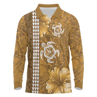 Gold Hibiscus Turle Long Sleeve Polo Shirt Hawaiian Style Tribal Tapa Pattern LT9 Gold - Polynesian Pride